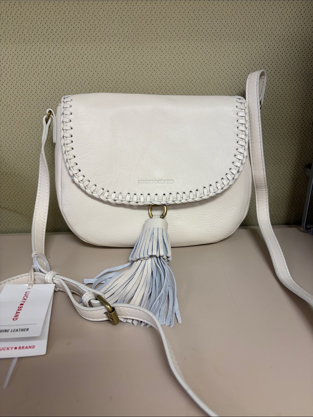 Lucky Brand Cream Leather Crossbody with Whipstitch and Tassel